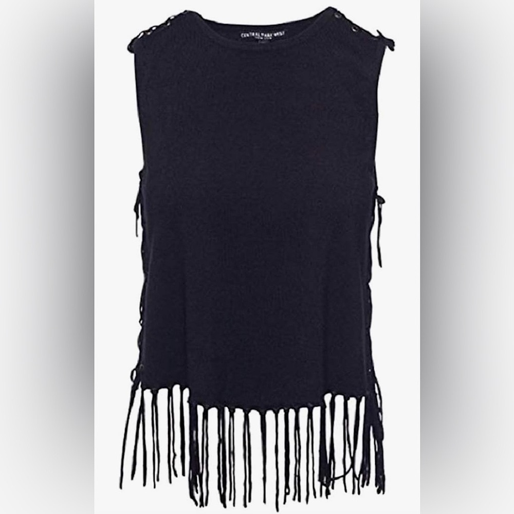 NWT Central Park West Lace-up Side Knit Tank Fringe Bottom Black Large